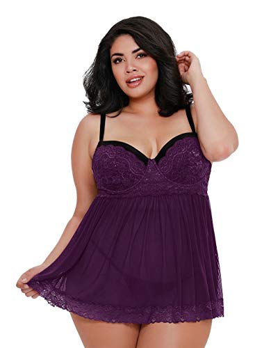 Dreamgirl Women'S Plus Size Flirty Mesh & Lace Babydoll With Matching G-String, Plum, 1X