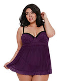 Dreamgirl Women'S Plus Size Flirty Mesh & Lace Babydoll With Matching G-String, Plum, 1X
