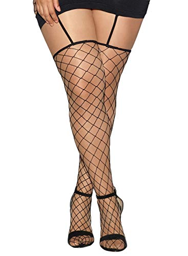 Dreamgirl Womens Plus Size Opague And Fence Net With Attached Thigh Highs Garter Dress Bodystockings, Black, 1X-3X Us