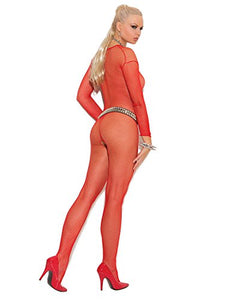 Long Sleeve Fishnet Bodystocki Red O/S