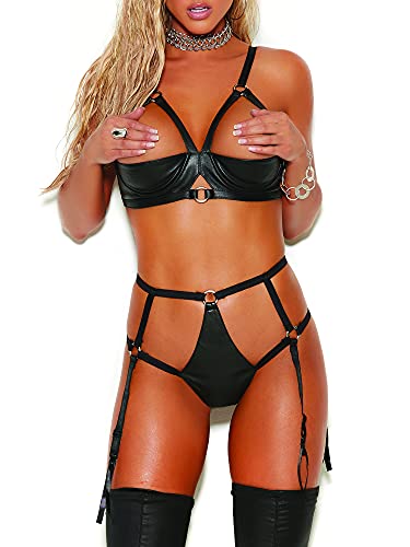 Leather 2Pc Demi Bra Set Black M