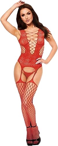 Corset Front Suspender Fishnet Bodystocking - Red O/S