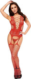 Corset Front Suspender Fishnet Bodystocking - Red O/S