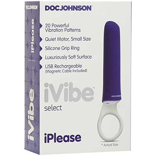 Doc Johnson Ivibe Select - Iplease - Powerful 20 Function Vibrator With Silicone Grip Ring - Quiet Motor, Small Size, Waterproof, Usb Rechargeable - Purple/White