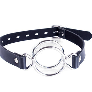 Double Metal O Ring Deep Throat Open Mouth Gag PU Leather Adjustable Strap Oral BDSM Bondage Restraint Training Sub(Black)