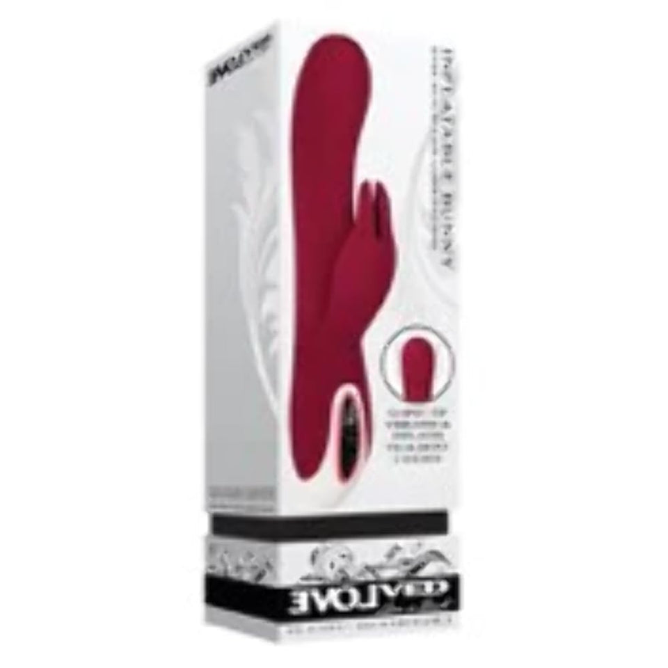 Evolved Love Is Back - Inflatable Rechargeable Silicone Bunny - Over 60 Function Combinations - G-Spot Tip Vibraties & Inflates To Almost 2 Inches - Burgundy
