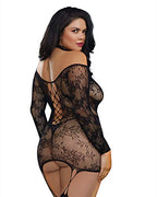 Dreamgirl Women'S Plus Lace Patterned Knit Garter Dress With Stockings, Black, One Size-Queen