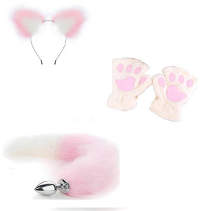 OOIIXX Anal Plug with Sexy Tail for Cosplay, Adult Sex Toys of Stainless Steel Anal Plug (Pink-White Full kIt, Medium)