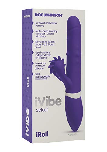 Doc Johnson Ivibe Select - Iroll - Silicone Rabbit-Style Vibrator - Pleasure Beads Along Shaft Move Up-And-Down, Clit-Stimulating Wheel Of Rotating Silicone"Tongues", Purple