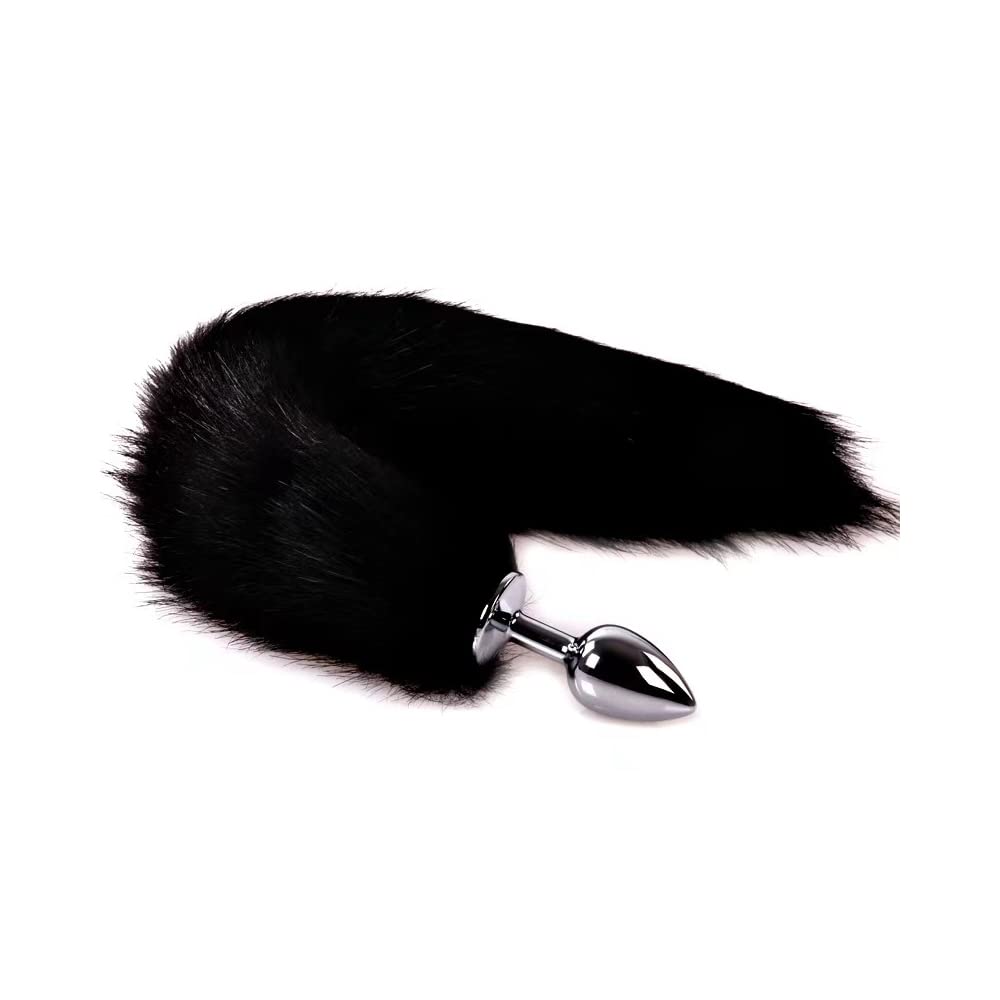 OOIIXX Anal Plug with Sexy Tail for Cosplay, Adult Sex Toys of Stainless Steel Anal Plug (18 inch Black, Small)