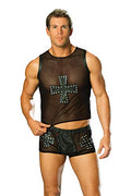 Mens Leather And Mesh Shorts-Black-Large