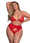(WD) SHEER MESH BRA GARTER BE PANTY SET RED 2XL