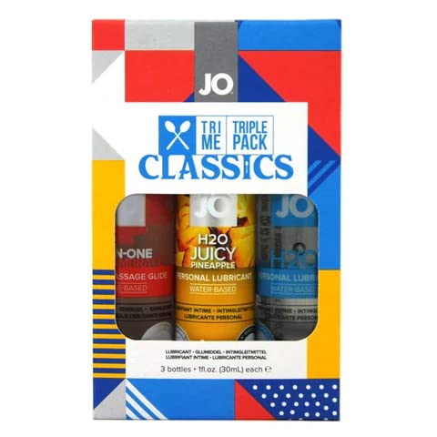 System JO TriMe Triple Pack classics  JOs AllinOne Massage glide Plus JOAs classic H20 Lube and Juicy Pineapple Lubricant  