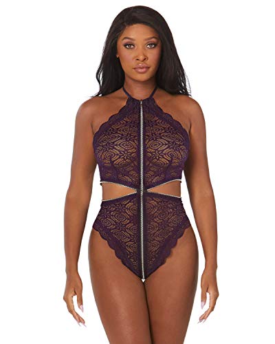 Dg Stretch Lace Halter Teddy Eggplant Os