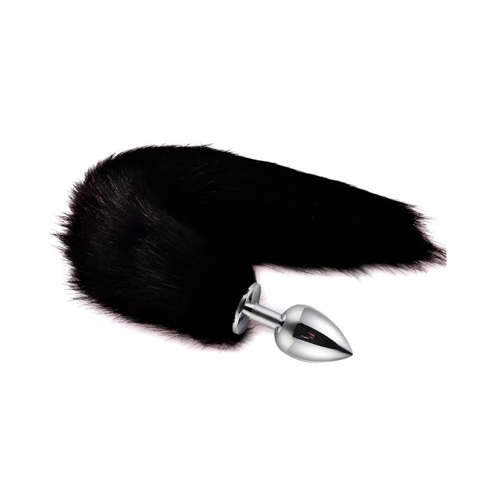 OOIIXX Anal Plug with Sexy Tail for Cosplay, Adult Sex Toys of Stainless Steel Anal Plug (Black, Medium)