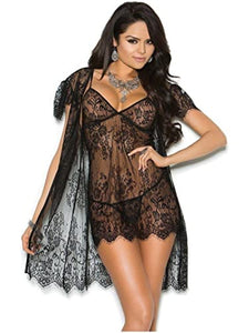 Elegant Moments Lace Chemise & Robe Set, L, Black