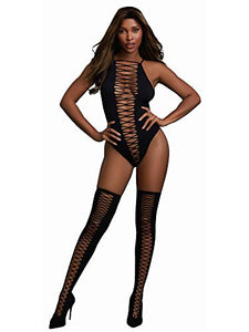 Dreamgirl Womens Opaque Seamless CrissCross Teddy and Matching Stockings Set  Black  One Size