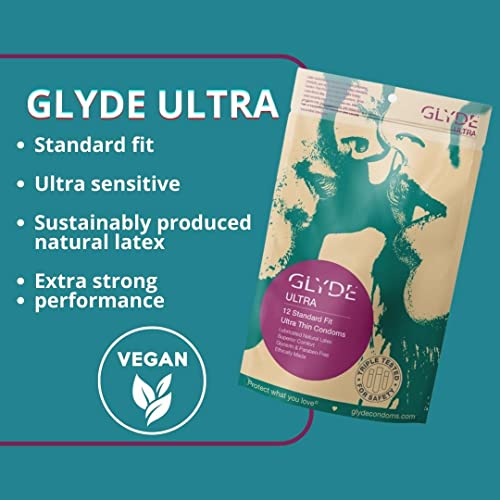 Glyde Ultra - Standard Fit Condoms - 12 Count - Ultra-Thin Vegan Non-Toxic Medium Size Natural Rubber Latex 53Mm For Silky Fit