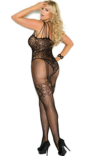 Sexy Fishnet And Lace Bodystocking Lingerie With Open Crotch (One Size Queen Fits Most, Black)