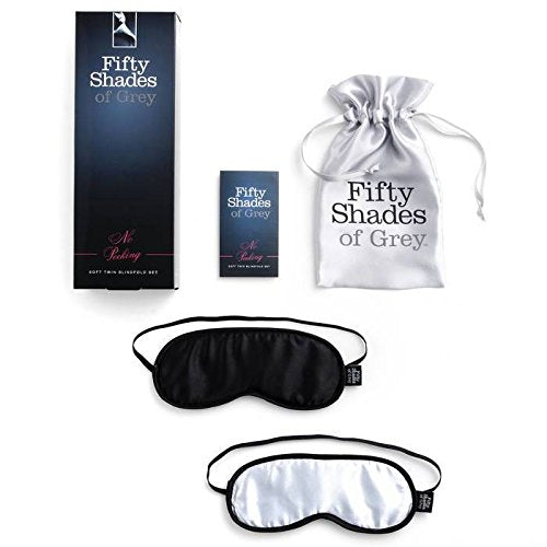 Fifty Shades Of Grey No Peeking Blindfolds - Silky Satin Blindfolds With Stretchy Elastic Straps - 2 Pack With Satin Bag - Black/Grey