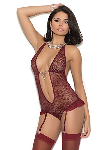 Lace Teddiette With Ultra Deep V Neckline And Rhinestone Front Detail Medium
