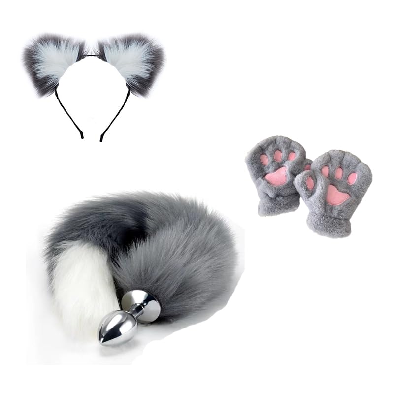 OOIIXX Anal Plug with Sexy Tail for Cosplay, Adult Sex Toys of Stainless Steel Anal Plug (Gray-White Full Kit, Large)