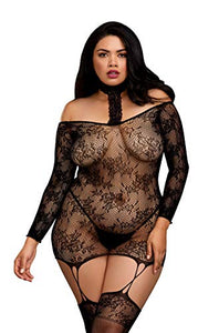Dreamgirl Women'S Plus Lace Patterned Knit Garter Dress With Stockings, Black, One Size-Queen