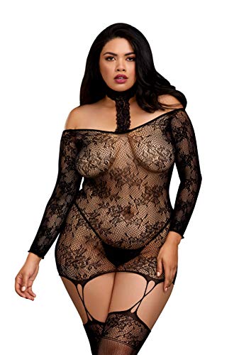 Dreamgirl Women'S Plus Lace Patterned Knit Garter Dress With Stockings, Black, One Size-Queen