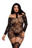 Dreamgirl Women'S Plus Lace Patterned Knit Garter Dress With Stockings, Black, One Size-Queen