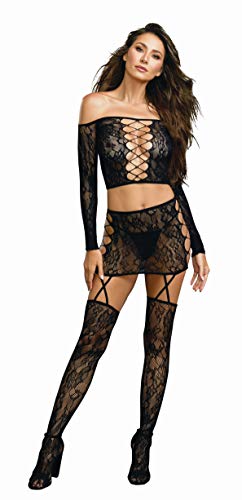 Dreamgirl Women'S Lace Patterned Knit Set With Attached Garters And Stockings, Black, One Size