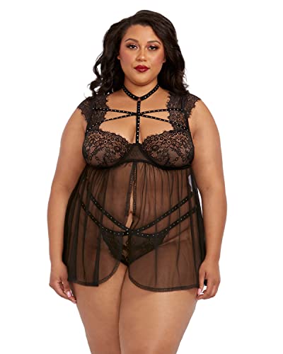 Dg Lace Babydoll With Thong  Blk 3X