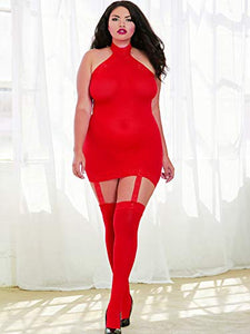 Dreamgirl Women'S Plus Size Semi-Sheer Halter Garter Dress With Thigh High Stockings, Red, O/Sq
