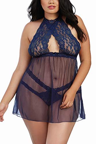 Dreamgirl Women'S Plus Stretch Lace And Mesh Babydoll With Matching Panty, Midnight, One Size-Queen
