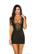 Elegant Moments Boho Short Sleeve Mini Dress With Lace Up Front Large Black