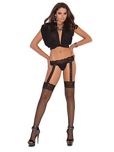 Elegant Moments Womens Diamond Net Thigh Hi With Lace Top And Garter Belt, Black, One Size