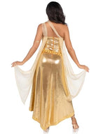 3 PC Golden Goddess, includes asymmetrical shimmer dress with one-shoulder buckle accent and ribbon trim, attached iridescent dr