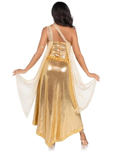3 PC Golden Goddess, includes asymmetrical shimmer dress with one-shoulder buckle accent and ribbon trim, attached iridescent dr