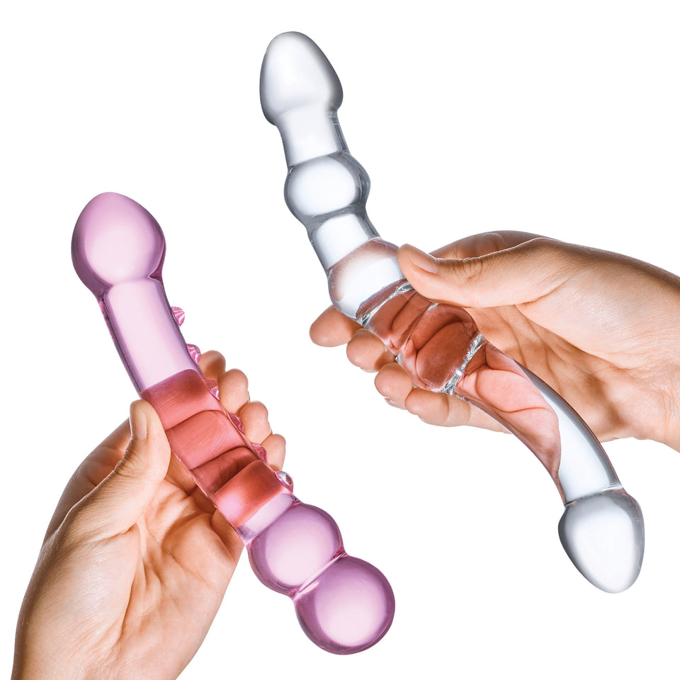 2 Pc Double Pleasure Glass Dildo Set - Pink/Clear