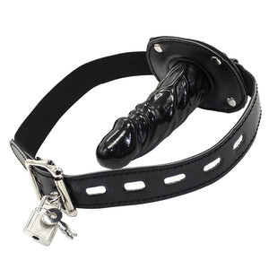 Lockable Dildo Mouth Gag SM Realistic Black Silicon Penis Gag Adjustable Leather Strap On with Lock Fantasy Sex Toys for Couple