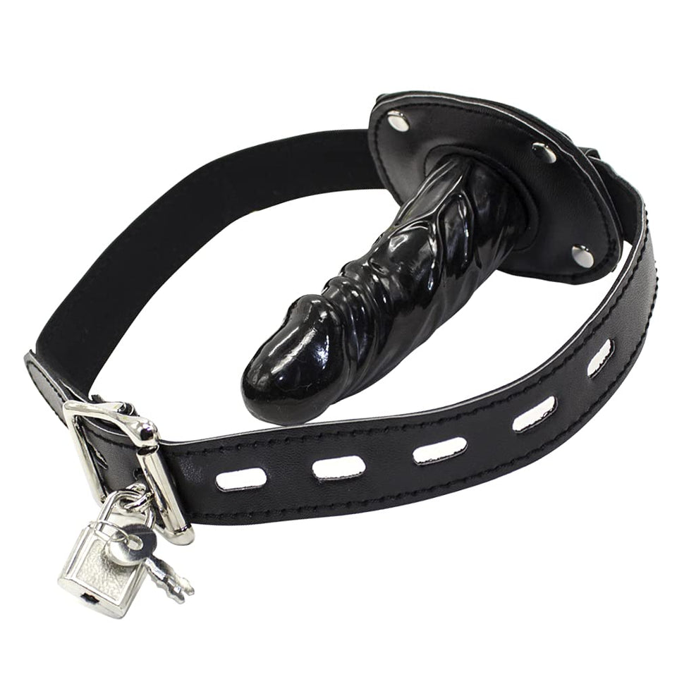 Lockable Dildo Mouth Gag SM Realistic Black Silicon Penis Gag Adjustable Leather Strap On with Lock Fantasy Sex Toys for Couple