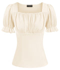 Womens Renaissance Shirt Vintage Puff Sleeve Square Neck Ruched Bust Tops Apricot L