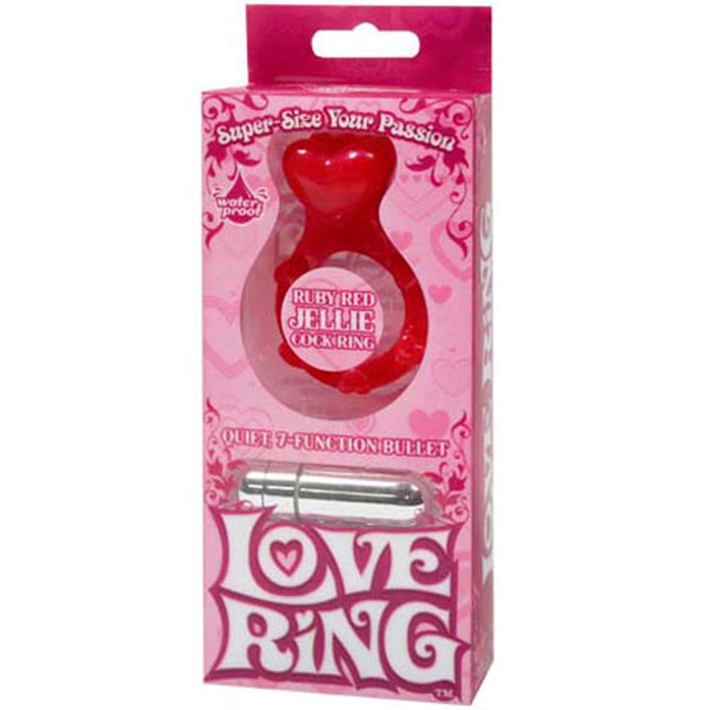 Doc Johnson Love Ring - Jellie Cock Ring With Clit Bumper & Quiet 7 Function Vibrating Bullet - Ruby Red
