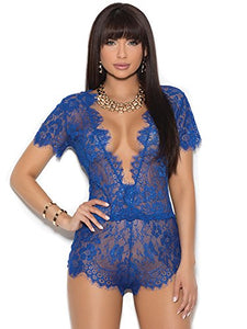 Elegant Moments Eyelash Lace Plunge Romper, L, Royal Blue