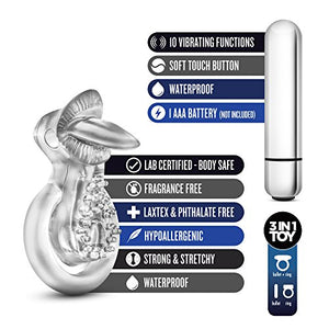 Blush Stay Hard 10 Function Vibrating Tongue Cock Ring - Stimulates The Clit - Ball Stretcher Strap - Thicker, Longer, Harder, Bigger Erections - Male Enhancement Sex Toy For Men, Couples - Clear