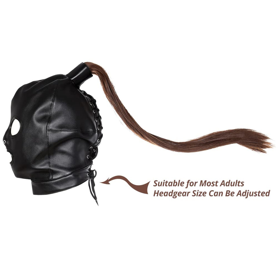 PU Leather Bondage Mask Hood SM Sex Toy with Removable Wig, Unisex Adult Eyes Mouth Open Black Restraint Headgear Mask Hood Brea