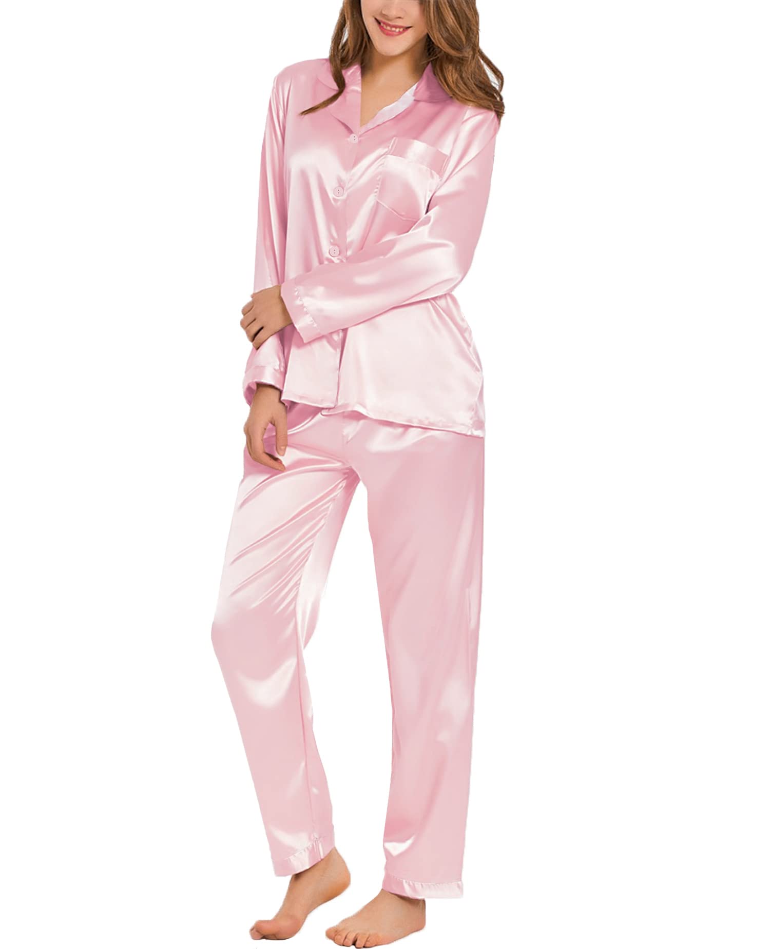 SWOMOG Long Sleeve Pajamas Set Silk Satin Sleepwear Button Down Pjs Loungewear with Pocket Light Pink Large