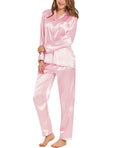 SWOMOG Long Sleeve Pajamas Set Silk Satin Sleepwear Button Down Pjs Loungewear with Pocket Light Pink Small