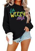 LOTUCY Mardi Gras Sweathirt Women La Weezy Ana Shirts Fat Tuesday Tshirt Carnival Theme Party Pullover Tops Black