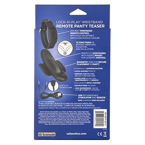 Calexotics Lock N Play Wristband Remote Panty Teaser- Waterproof Silicone Sex Toys For Couples - 12 Vibe Function Adult Remote Vibe Massager - Black, 1Count