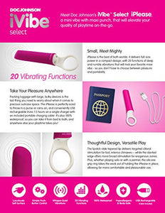 Doc Johnson Ivibe Select - Iplease - Powerful 20 Function Vibrator With Silicone Grip Ring - Quiet Motor Small Size Waterproof Usb Rechargeable - Pink/White (6026-05-Am)